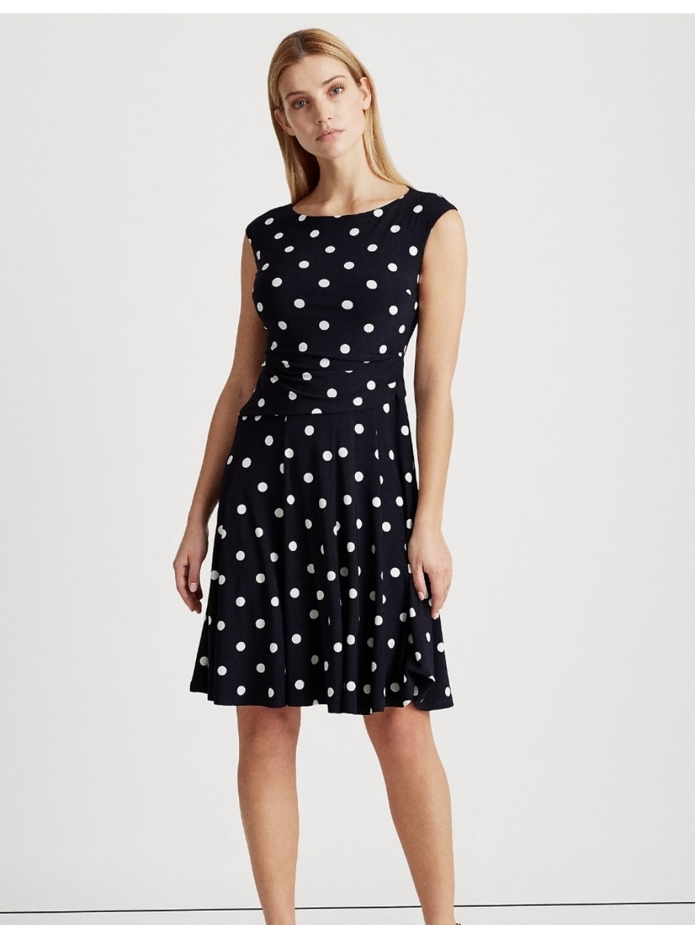 LOFT Black Midi Dress with White Polka Dots and Tie Back
